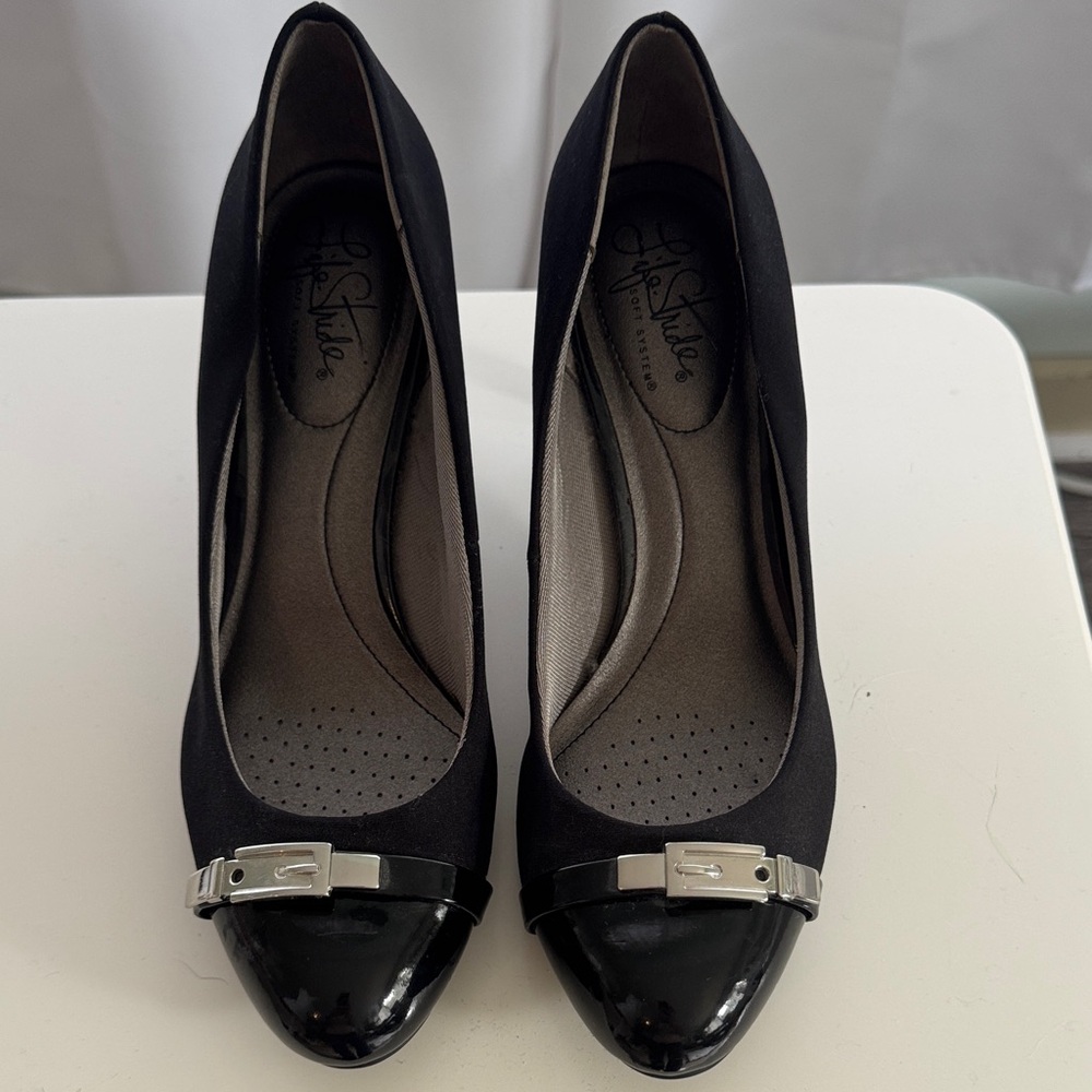 Life Stride Black Heels with Silver Buckle